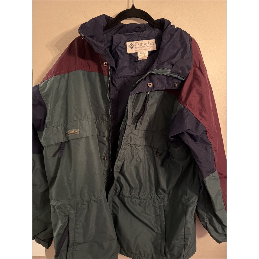 Columbia VTG Jacket Green Blue Burgundy Nylon Lined Reversible Large